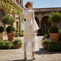 Stand-collar Embroidered Ruffled Maxi Dress