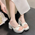 2025 Summer New Women's Block Heel Square Toe Sandals Rhinestone One-Strap Beach Sandals