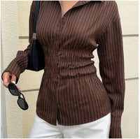 Womens Printed Striped Shirt Long-Sleeve Top