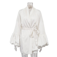 Striped V-neck Puffed-sleeve Lace-up Satin Draping A-line Dress