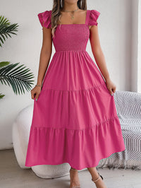 Women's Solid Color Square Neck Ruffle Trim Tie Waist A-Line Maxi Dress