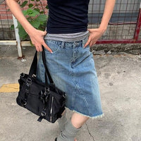 Womens Retro Washed Blue Denim Raw Hem Skirt In American Style