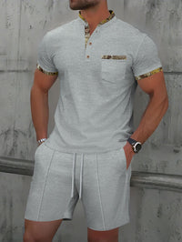 Men's Waffle Zipper Solid Color Polo Collar Short Sleeve Suit