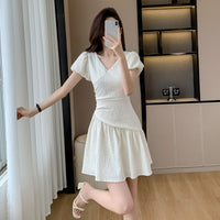 V-neck Puffed-sleeve Dress For Women Designer-style With Pleated Waist-cinching Details