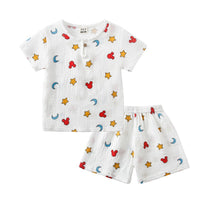 Cotton And Linen Short Sleeve Shorts Suit Round Neck Cartoon Printing