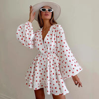 New Strawberry-Print V-Neck Lantern-Sleeve Dress