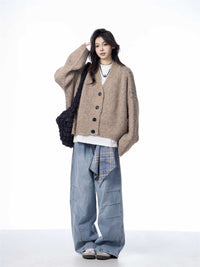 V-neck Knitted Cardigan Coat Women's Idle Style Loose Sweater