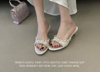 Women's Elegant Low Heel Sandals With Rhinestone & Pearl Bow, Round Toe, Simple Satin, Perfect For Dresses