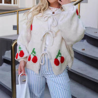 Cherry Embroidered Jacquard Cardigan Sweater For Women