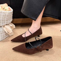 French Gentle Style Pointed Toe Kitten Heel Pumps With Rhinestone Strap