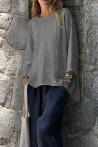 Women's Loose Linen Cotton Round Neck Long Sleeve Shirt