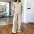 Women's V-neck Short-Sleeve Top And Wide-Leg Pants Casual Set