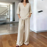 Women's V-neck Short-Sleeve Top And Wide-Leg Pants Casual Set