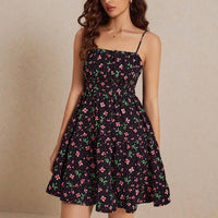 European And American-style Floral Slip Dress With Ruching