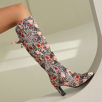 Womens Floral Patchwork Bowknot Chunky Heel Over-the-Knee Boots