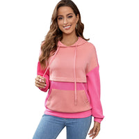 Winter Contrast Color Patchwork Hoodie Women's Loose Shoulder Pullover Top