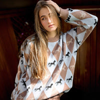 Womens Versatile Color-Block Jacquard Knit Top With Long Sleeves