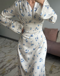 European And American Spring High-End French-Style V-Neck Satin Printed Maxi Dress