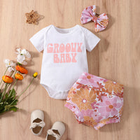 Solid Color Letter T-shirt Romper Hot Pants Suit With Headdress Flower