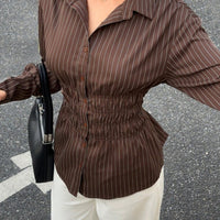 Womens Printed Striped Shirt Long-Sleeve Top