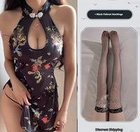 Straw Girl Improved Retro Printed Cheongsam Slit Sleeveless Bodycon Halterneck Nightdress