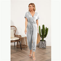 Cross V-Neck Short Sleeve Tie Pocket Casual Jumpsuit