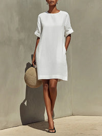 Round-neck Dress With Rolled-up Cuffs