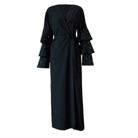 Muslim Fashion Bead Flare Sleeve Tie-neck Cardigan