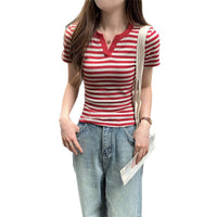 American Retro Red And White Striped Off-Shoulder Short Sleeve T-Shirt