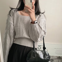 Cable-knit Sweater Lantern Sleeve Solid Color Square Collar Pullover Sweater
