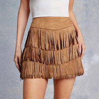 Women's Solid Color High Waisted Western Imitation Suede Tassel Layered Short Skirt