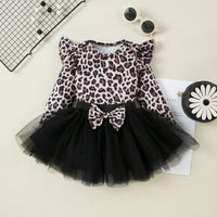Spring And Autumn Women's Leopard Print Flounced Sleeve Mesh Princess Dress 2-piece Set