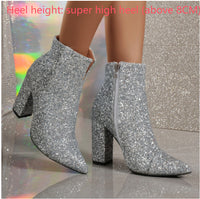 Autumn And Winter Plus Size Pointed Toe Sequin Chunky Heel Women's Boots