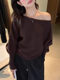 Korean-style Elegant Red Long-sleeve Knit Top With A Slanted Shoulder Design