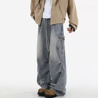 American-style Vintage Unisex Pleated Loose-fit With Large Pockets