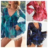 V Neck Mesh Tie Dye Resort Style Womens Top
