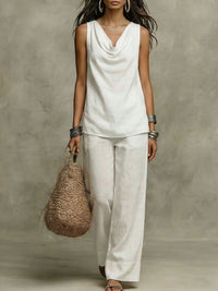 Womens Slash-Neck Sleeveless Tank Top And Casual Pants Set