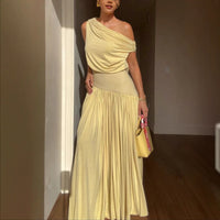 Asymmetrical Neck Off The Shoulder Waist Cinched Long Solid Color Dress