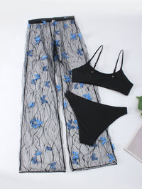 Women's Voile Transparent Black Butterfly Bikini Three-piece Set