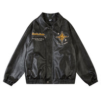 European And American Letters Embroidered Lapel Loose Leather Coat