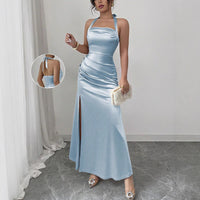 Neck-hanging Backless High-waisted Silk Slip Dress With A Slit And No Sleeves
