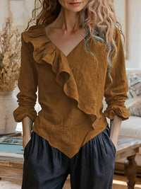 Womens Solid-Color V-Neck Casual Top With Ruffle Long Sleeves