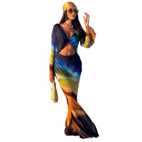 Printed Mesh Long-Sleeve Maxi Dress With Open Back And Tie Details For Women