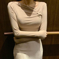 Diagonal Collar Long Sleeved Fitted T-shirt Base Solid Color Top