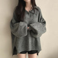 Womens Polo-Neck Sweater Loose-Fit Warm Mid-Length Knitted Top