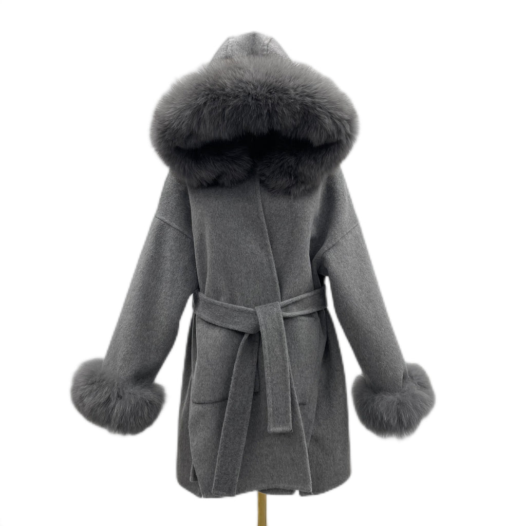 Oversized Fur Collar Hood Double-sided Woolen Coat