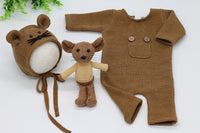 Three-piece Soft Knitted Jumpsuit, Hat, Doll And Mouse