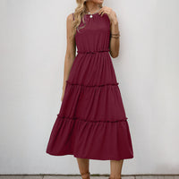 Simple Solid-Color Pleated Ruffle-Trimmed Sleeveless Dress