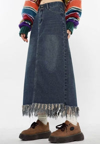 Plus Size Tassel Half-length Denim Women's Hong Kong Style Autumn High Waist Slimming A- Line Long Overknee Skirt