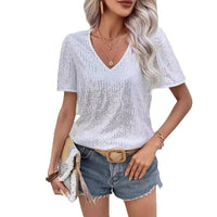 Women's Solid Color Sequin V-neck Loose Short Sleeve